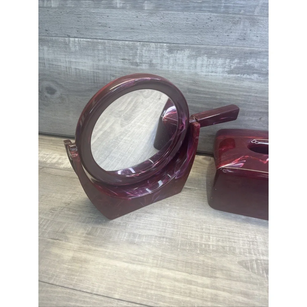 Wine Onyx Marbled Look Bathroom Set Tissue Holder Soap Dish Mirror  VTG Plastic